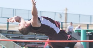 Trajen Johnson competes in the  high jump at the track meet in Shamrock. Courtesy Photo / Alice Cobb