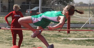 Lady Owl Kylie Wood takes 1st place in high jump at the district track meet at Silverton. Wood also placed first in the 800 M Run. Enterprise Photo / Kari Lindsey