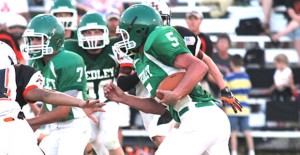 Senior Seth Ruthardt carries the ball for the Owls during the game against the Lefors Pirates last Friday. The Owls were defeated 42-8. Hedley willl face-off against McLean this Friday, September 13 at 7:30 p.m. in Hedley.          Enterprise photo / Kari Lindsey