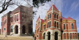 The 1890 Donley County Courthouse before and after its $4.2 million restoration in 2003.
