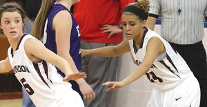 Taylor DeGrate and Deborah Howard defend for the Lady Broncos. Courtesy Photo / Melody Hysinger 