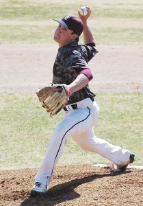 Bronco Chance McAnear pitching during their game against Quanah Indians in a double header this Friday the 14th, earning a victory in both games. Courtesy Photo / Alice Cobb