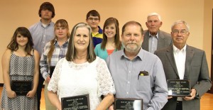 Janet and Steve Carter were named the 2013 Woman and Man of the Year by the Clarendon Chamber of Commerce last Thursday. Other award winners were Hedley Young Woman of the Year Kristen Liner, Hedley Young Man of the Year Denver Chambless, Volunteer of the Year Amanda Askew, Clarendon Young Man of the Year Tyler Smith, Clarendon Young Woman of the Year Deborah Howard, Pioneer of the Year Jack Moreman, and Saints’ Roost Award Winner Jack Hall. Not pictured: Volunteer of the Year Jeremy Powell. Enterprise Photo / Roger Estlack