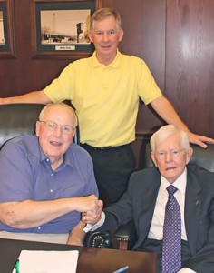 Bert Williamson, Chairman of North Central Texas Bancshares, Inc., with Ken Pilgrim, Chairman of Pilgrim Bancorporation and Pilgrim Bank, and Lonnie “Bo” Pilgrim, Chairman Emeritus of Pilgrim Bancorporation and Pilgrim Bank. Courtesy Photo