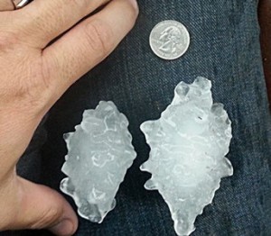 Large, jagged hailstones that fell west of Clarendon last Thursday. Photo by walker mcanear