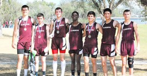 For the first time Clarendon boys have won the Cross Country District Champion Title. The Bcronco Varsity team members are Caleb Cobb, Steven Johnson, Colt Wood, Keandre Cortez, Bryce Grahn, Lee Buckhaults and Joshua Cobb. Enterprise Photo / Alice Cobb