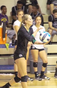 Serving for the Lady Bulldogs is Meagan Chambers during Saturday’s game against Seminole State College.Enterprise Photo / Matthew Martinez