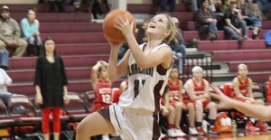 Lady Bronco Jensen Hatley makes the layup against Perryton. Courtesy Photo / Suzanne Taylor Clarendon CISD Technology