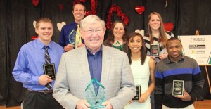 Tex Selvidge (front center) was named the 2014 Saints’ Roost Award winner during the annual Chamber of Commerce banquet last Thursday, February 12. Also honored were Hedley Young Man of the Year Wyatt Wheatly, Man of the Year Jacob Fangman, Woman of the Year Denise Bertrand (accepted by her daughter, Kirsten Bertrand), Clarendon Young Woman of the Year Abby Johnson, Hedley Young Woman of the Year Kortney Burton, and Clarendon Young Man of the Year Charles Mason. Enterprise Photo / Morgan Wheatly
