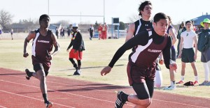 Keandre Cortez & Cedrick McCampbell compete in the Pantex Relay hosted by Sanford-Fritch last week. The boys relay team finished eighth with 32 points. Enterprise photo /Alice Cobb