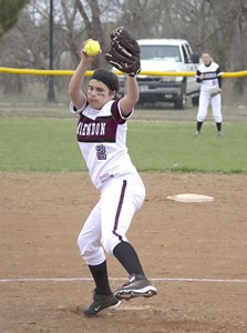 Freshman Allyson Hogan pitches for the Lady Broncos during their game last week against Childress. Enterprise Photo / Tara Allred 