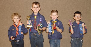 Fourteen boys participated in the derby which races homemade cars on a slopped track. Nathan Estlack had the fastest car in Den 1 and was the overall pack champion this year, Jacob Murillo was first place in Den 2, Ben Estlack, was first place in Den 3, and Haughton Bivens was fastest in Den 4.