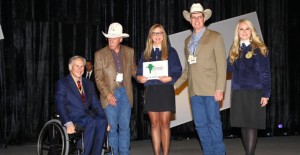 Pictured from left to right:  Gov. Greg Abbott, Richard Wallrath, Kati Adams, Jess Mason, and State FFA Pres. Gracie Hedrick.