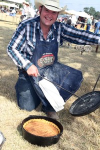 Wade Cates of the C Bar C wagon team shows off their award-winning cobbler at Saturday’s Col. Charles Goodnight Chuckwagon Cookoff. Enterprise Photo / Roger Estlack