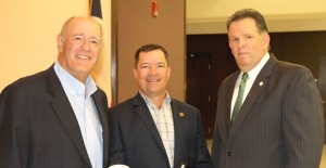 Sen. Kel Seliger and Rep. Ken King with Clarendon College President Robert Riza at Tuesday’s town hall meeting. Enterprise Photo