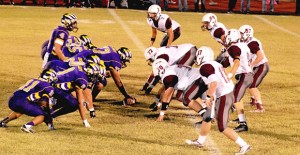 The Broncos defense lines up against Crosbyton during last Friday’s away game. The Broncos travel to Ralls for their next District game. Enterprise Photo / Alice Cobb