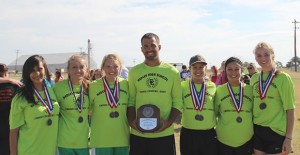 Running for the Lady Owls were Misti Scott, Jayden Lambert, Kenlee Lambert, Coach Eric Alston, Bailey Downing, Brittany Downing, and Marie Francksen. Courtesy Photo / HHS YB