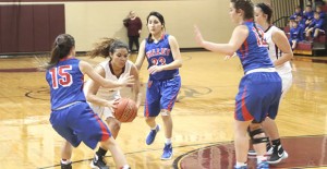 Brianna Butler charges to the goal during the ladies game at home last Tuesday against Valley. Enterprise photo/ Tara Allred