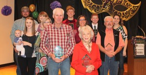 The John Morrow family (left) received the Business of the Year Award for the Sandell Drive-In during the annual Chamber Awards Banquet last Thursday evening at the Bairfield Activity Center. Also shown here are Clarendon Young Man of the Year Chesson Sims, Woman of the Year Katherine Monroe, Saints’ Roost Award winner Frances Skelton, Hedley Young Man of the Year Heath McCleskey, Man of the Year Bob Weiss, and Hedley Young Woman of the Year Kelsey Wells. Not pictured is Clarendon Young Woman of the Year Kendra Davis. Enterprise Photo / Morgan Wheatly