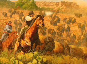 “Driven from the Palo Duro” by Lee Cable is one of the paintings now on display at the Saints’ Roost Museum that depicts the life of pioneer cattleman Col. Charles Goodnight. 
