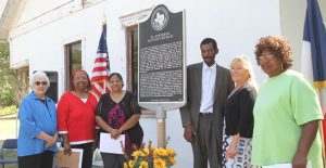 Donley County Historical Commission Chair Jean Stavenhagen (left) stands with Joann Brown, Beverly Alexander, Pastor Roy Williams, Barbara Williams, and Doris Gardner last Saturday during the dedication of a Texas Historical Marker for the Texas Panhandle’s first African American church, St. Stephens Baptist Church in Clarendon. Enterprise Photo / Roger Estlack