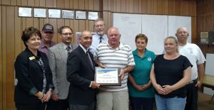 Attending the USDA Rural Development funding announcement at Howardwick’s City Hall were Melissa Kalka of Congressman Thornberry’s office, maintenance supervisor Doc Holladay, USDA representative Clyde Jenkins, State USDA Rural Development Director Paco Valentin, Donley County Judge John Howard, Mayor Mike Rowland, Municipal Judge Hedi Phelps, City Secretary Tammy Jordan, and Fire Cheif Will Jordan, . Enterprise Photo / Roger Estlack