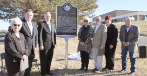Donley County Historical Chair Jean Stavenhagen with Clarendon College President Robert Riza, Board of Regents Chair Jerry Woodard, Vice Chair Darlene Spier, Roger Estlack, CC Chief of Staff Ashlee Estlack, and Regent Jack Moreman at Saturday’s dedication of a state historical marker for the Panhandle’s first college.Enterprise Photo/Scarlet Estlack